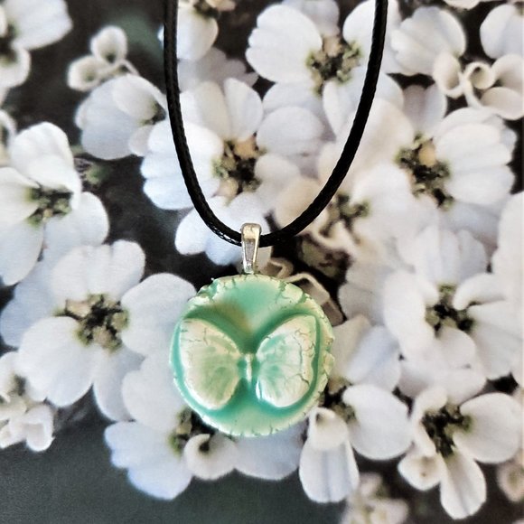 Handmade Ceramic Aqua Green Butterfly Pendant Necklace - Picture 11 of 11